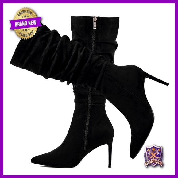 Mid Calf Boots Pointed Toe Stiletto Heel Side Zipper Dress Shoes